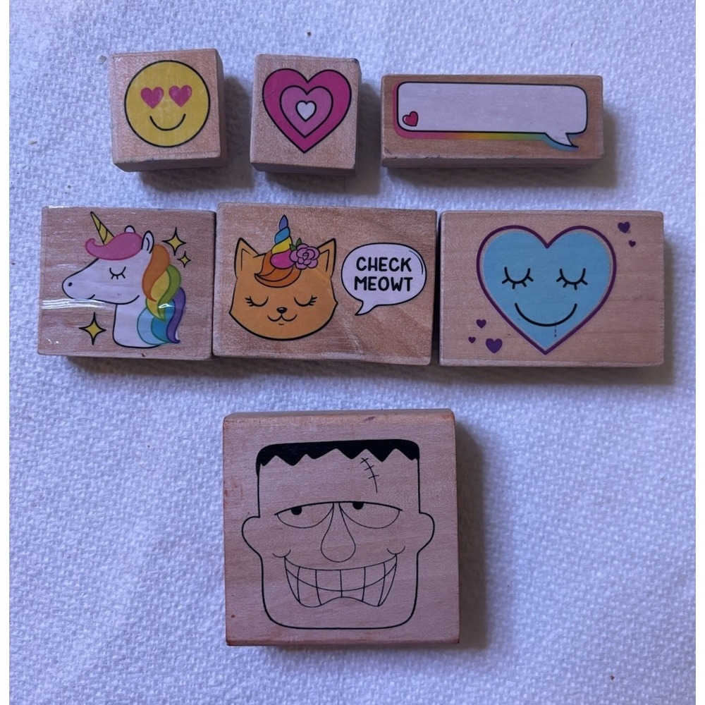 Lot of 7 Miscellaneous Mounted‎ Rubber Stamps Crafting  Hearts Unicorn Monster
